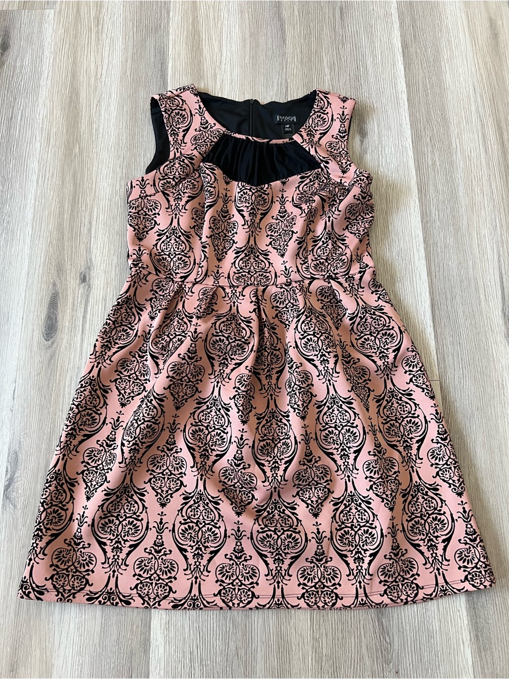 Enfocus Studio Pink and Black Damask Fit-and-Flare Mini Dress